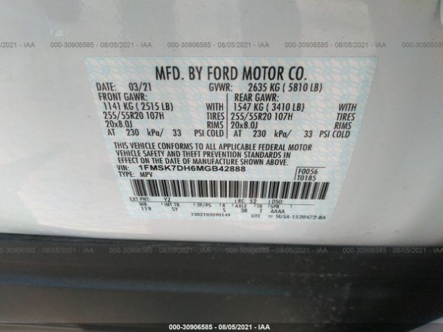 Photo 8 VIN: 1FMSK7DH6MGB42888 - FORD EXPLORER 