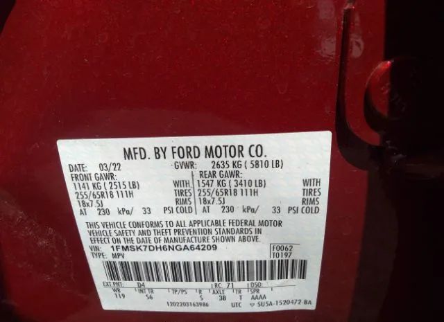 Photo 8 VIN: 1FMSK7DH6NGA64209 - FORD EXPLORER 