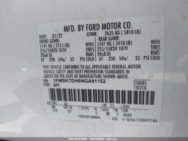 Photo 8 VIN: 1FMSK7DH6NGA91152 - FORD EXPLORER 