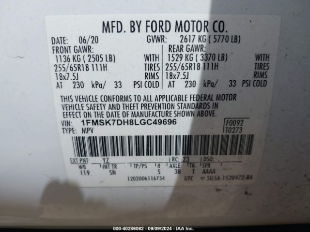 Photo 8 VIN: 1FMSK7DH8LGC49696 - FORD EXPLORER 