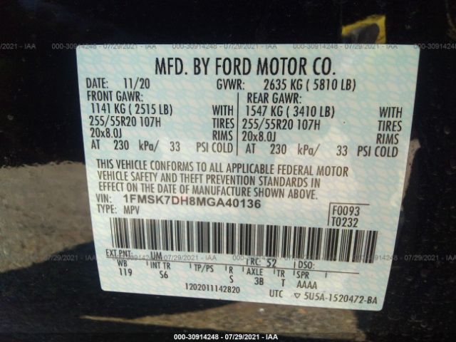 Photo 8 VIN: 1FMSK7DH8MGA40136 - FORD EXPLORER 