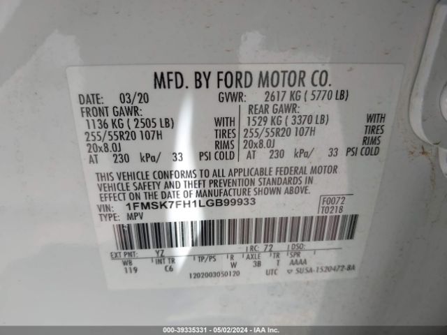 Photo 8 VIN: 1FMSK7FH1LGB99933 - FORD EXPLORER 