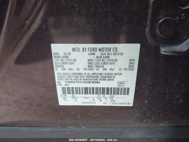 Photo 8 VIN: 1FMSK7FH1NGB38584 - FORD EXPLORER 