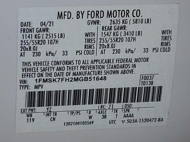 Photo 13 VIN: 1FMSK7FH2MGB51648 - FORD EXPLORER 