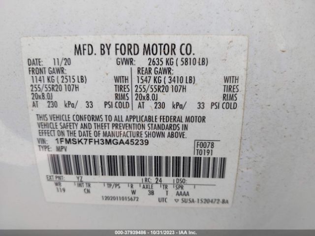 Photo 8 VIN: 1FMSK7FH3MGA45239 - FORD EXPLORER 