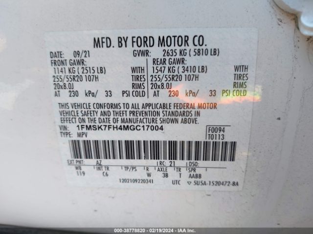 Photo 8 VIN: 1FMSK7FH4MGC17004 - FORD EXPLORER 