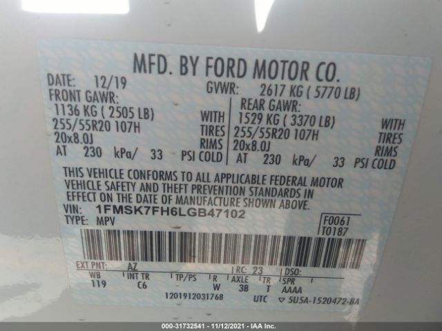 Photo 8 VIN: 1FMSK7FH6LGB47102 - FORD EXPLORER 