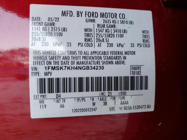 Photo 12 VIN: 1FMSK7KH4NGB34230 - FORD EXPLORER S 