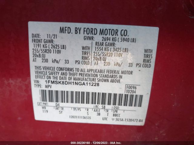 Photo 8 VIN: 1FMSK8DH1NGA11228 - FORD EXPLORER 