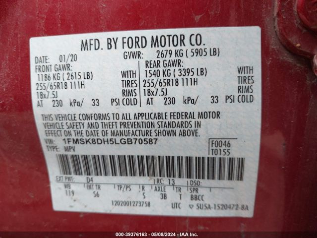 Photo 8 VIN: 1FMSK8DH5LGB70587 - FORD EXPLORER 