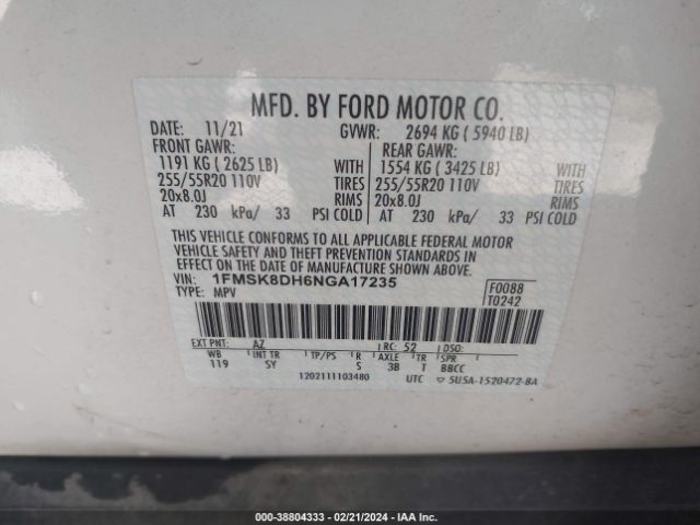 Photo 8 VIN: 1FMSK8DH6NGA17235 - FORD EXPLORER 