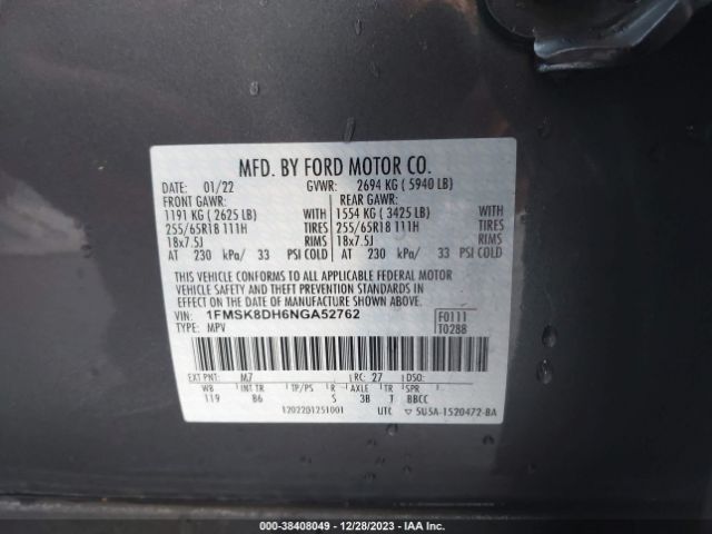 Photo 8 VIN: 1FMSK8DH6NGA52762 - FORD EXPLORER 