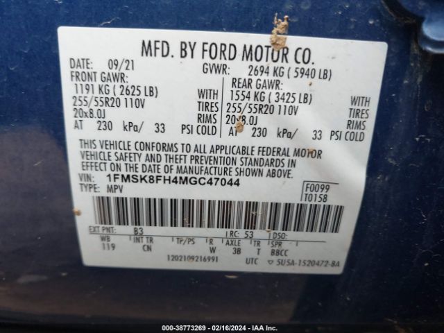 Photo 8 VIN: 1FMSK8FH4MGC47044 - FORD EXPLORER 