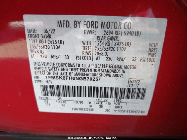 Photo 8 VIN: 1FMSK8FH6NGB70257 - FORD EXPLORER 