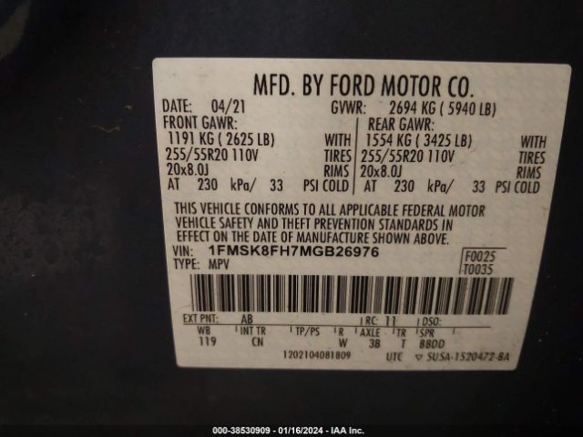 Photo 8 VIN: 1FMSK8FH7MGB26976 - FORD EXPLORER 