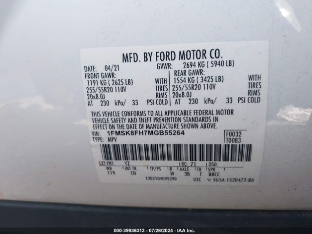 Photo 8 VIN: 1FMSK8FH7MGB55264 - FORD EXPLORER 