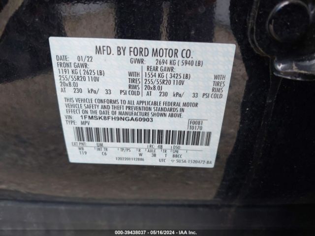 Photo 8 VIN: 1FMSK8FH9NGA60903 - FORD EXPLORER 