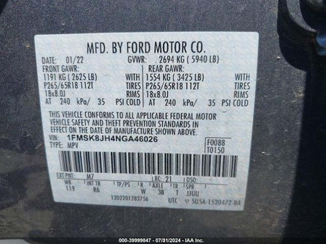 Photo 8 VIN: 1FMSK8JH4NGA46026 - FORD EXPLORER 