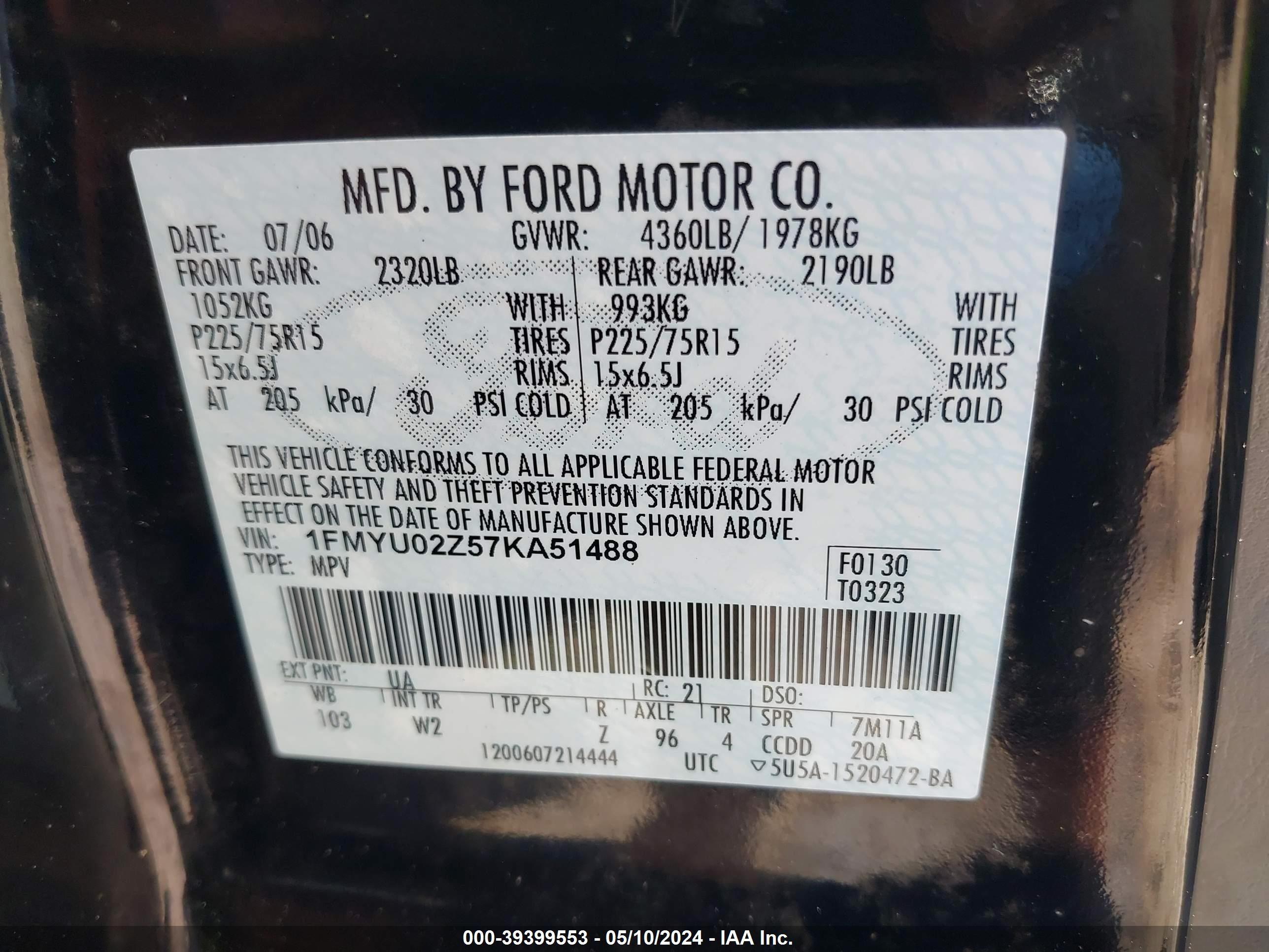 Photo 8 VIN: 1FMYU02Z57KA51488 - FORD ESCAPE 