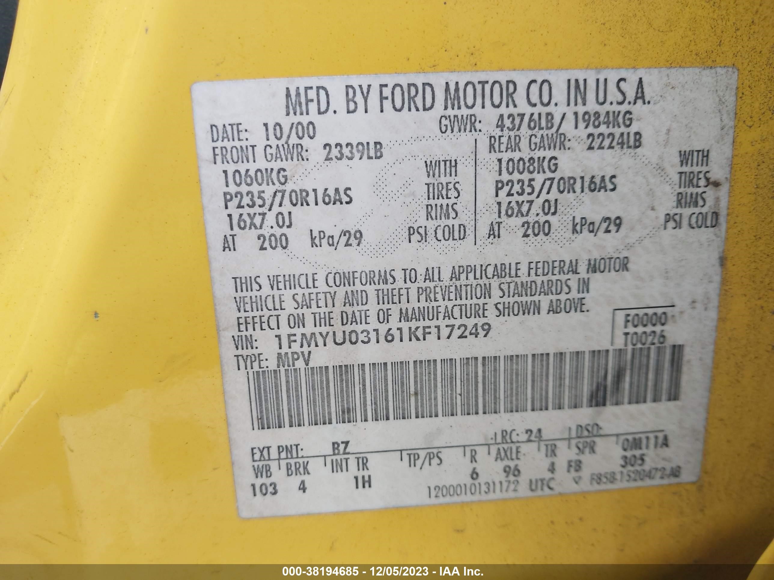 Photo 8 VIN: 1FMYU03161KF17249 - FORD ESCAPE 