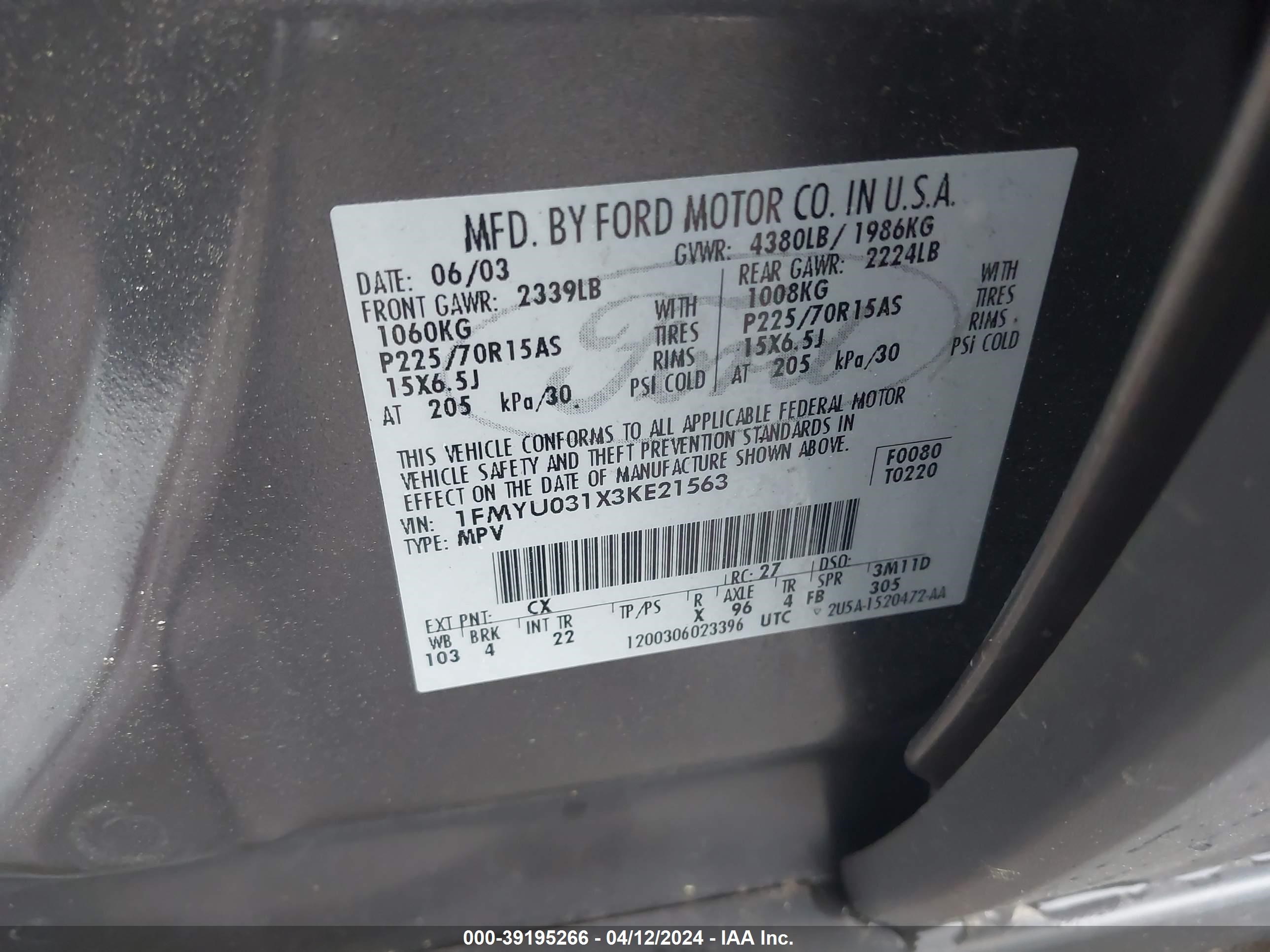 Photo 8 VIN: 1FMYU031X3KE21563 - FORD ESCAPE 