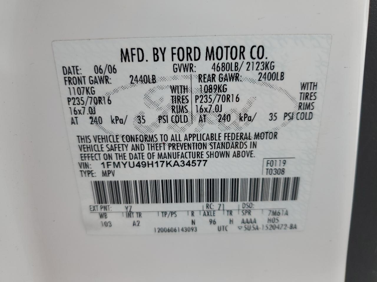 Photo 12 VIN: 1FMYU49H17KA34577 - FORD ESCAPE 