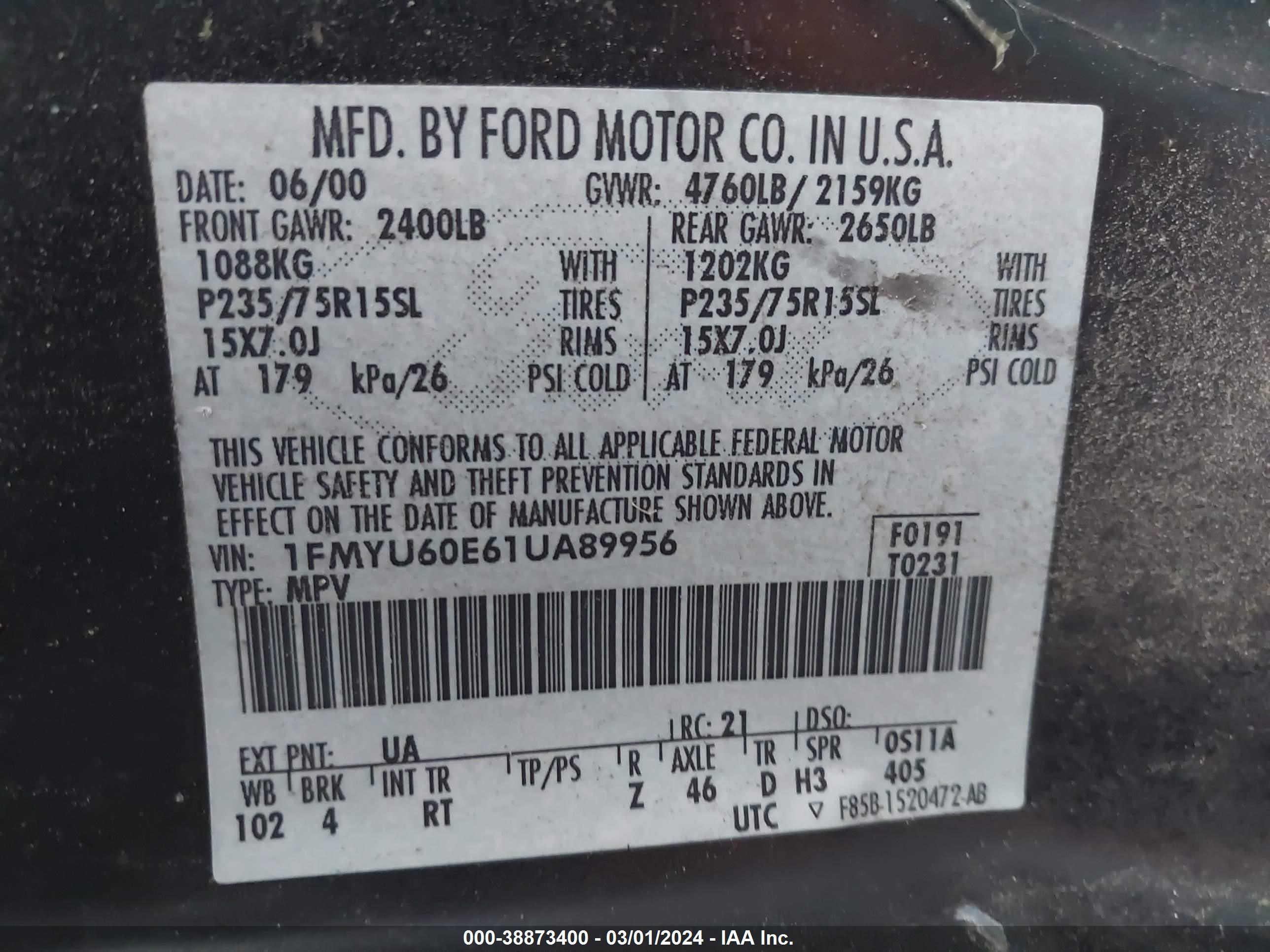 Photo 8 VIN: 1FMYU60E61UA89956 - FORD NULL 