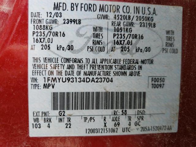 Photo 12 VIN: 1FMYU93134DA23704 - FORD ESCAPE XLT 