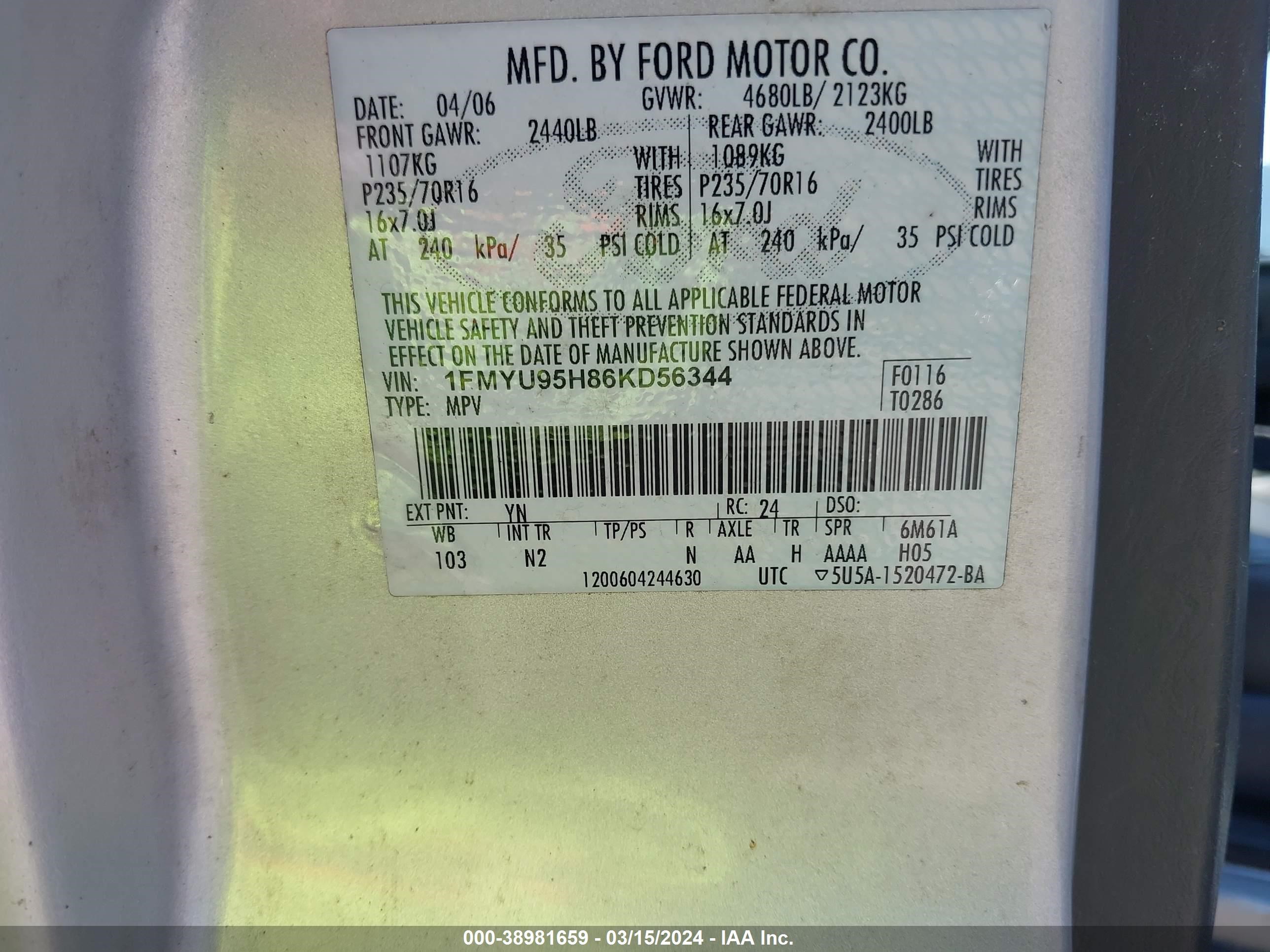 Photo 8 VIN: 1FMYU95H86KD56344 - FORD ESCAPE 