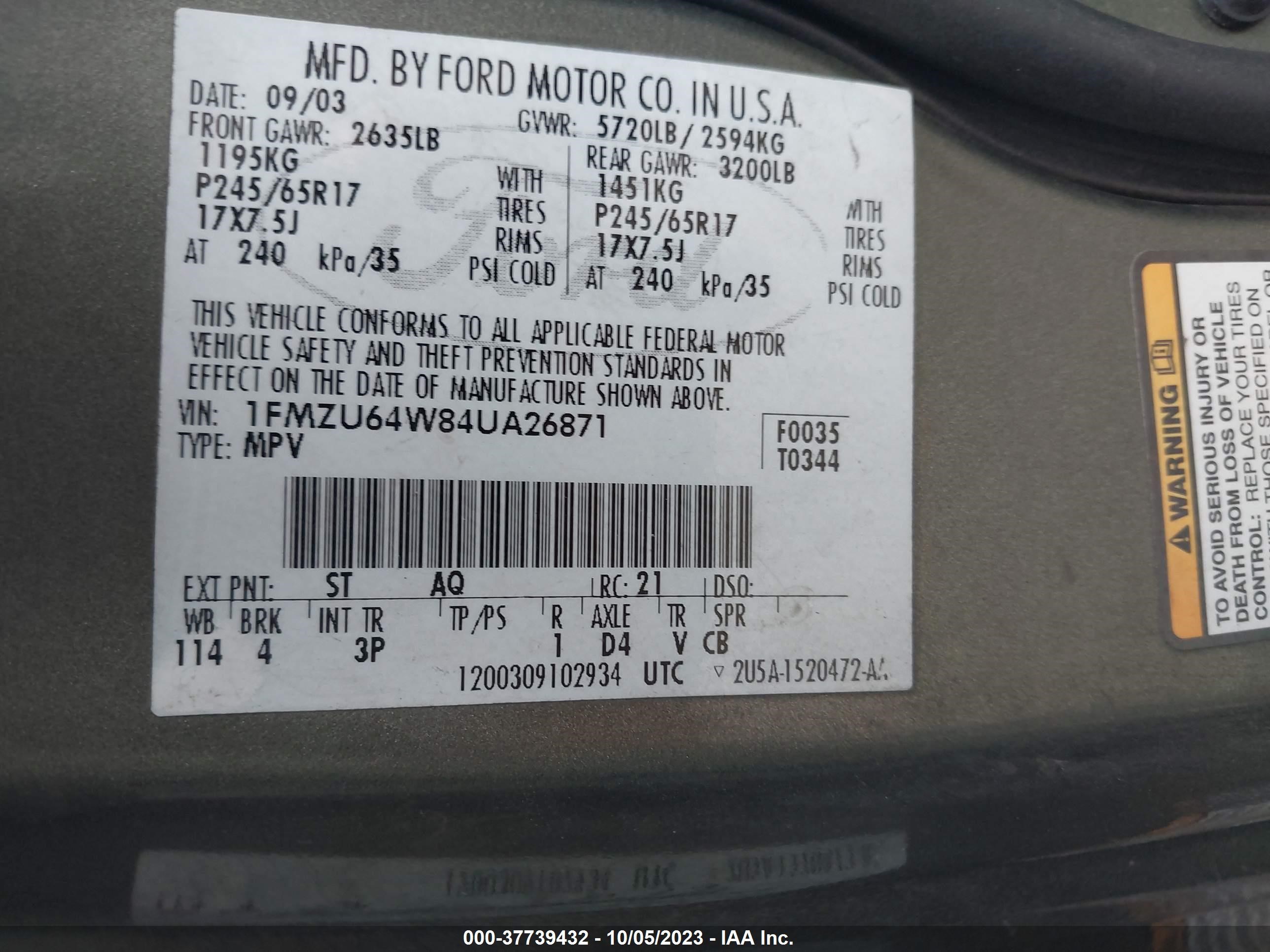 Photo 8 VIN: 1FMZU64W84UA26871 - FORD EXPLORER 