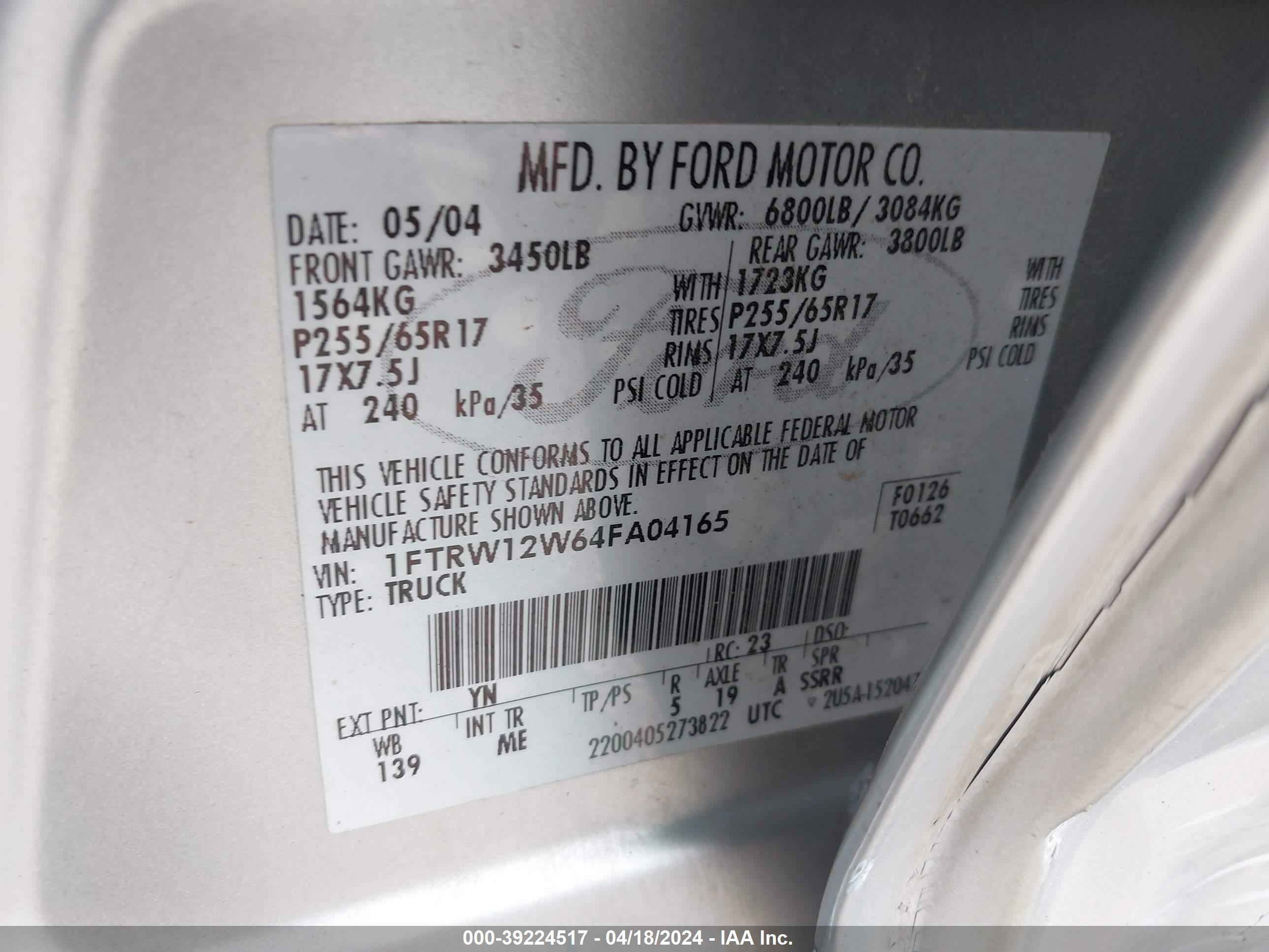 Photo 8 VIN: 1FPRW12W64SA04165 - FORD F-150 