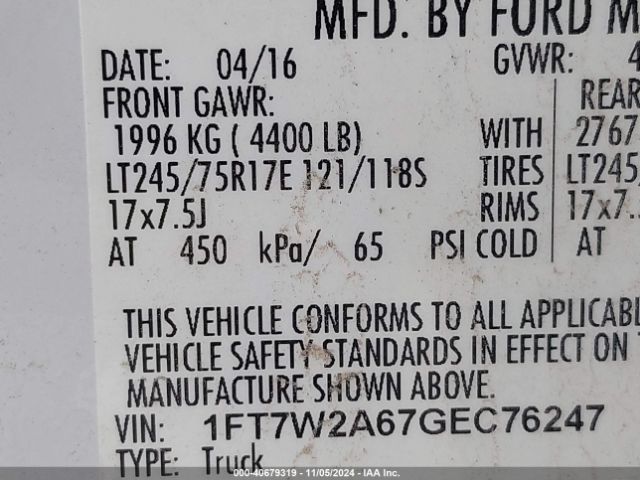 Photo 8 VIN: 1FT7W2A67GEC76247 - FORD F-250 