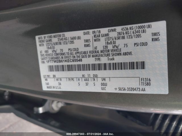 Photo 8 VIN: 1FT7W2B61KEC85548 - FORD F-250 