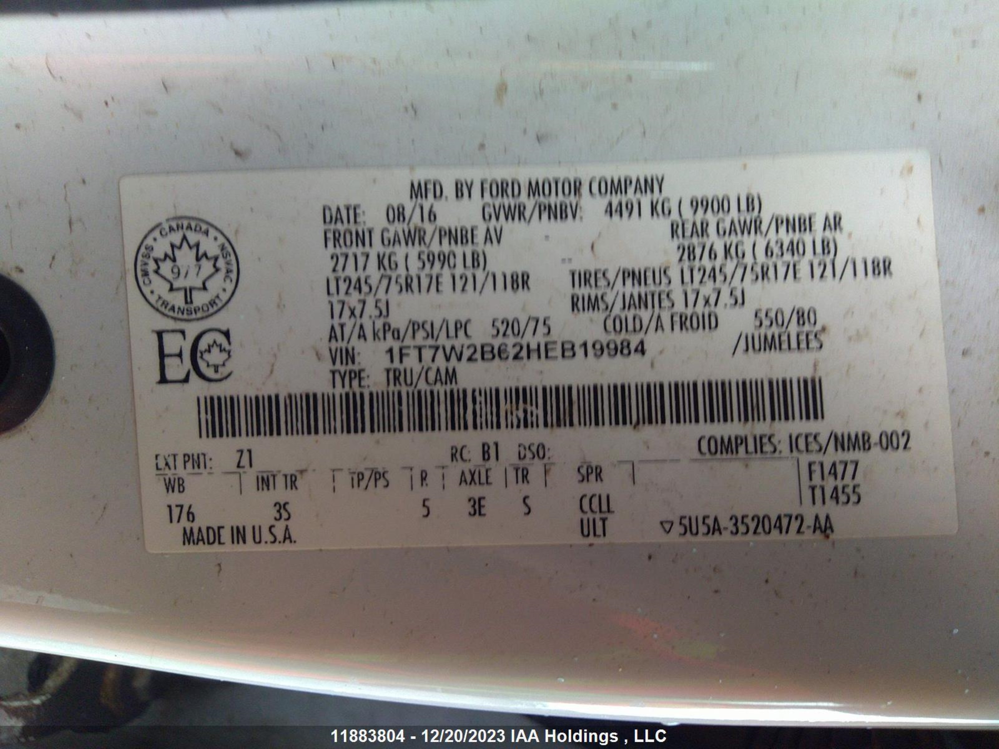 Photo 8 VIN: 1FT7W2B62HEB19984 - FORD F250 