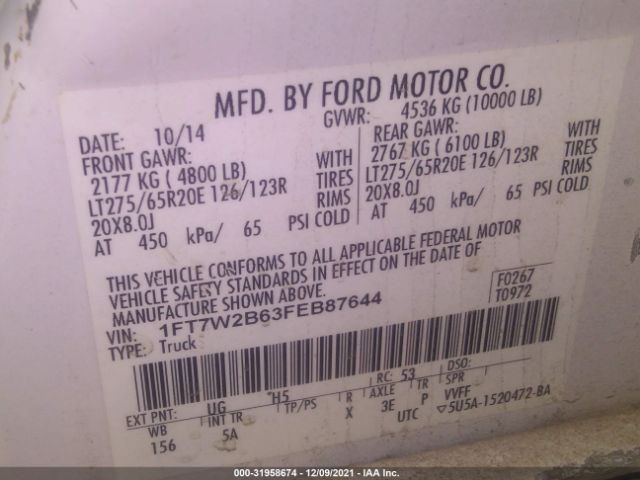 Photo 8 VIN: 1FT7W2B63FEB87644 - FORD SUPER DUTY F-250 SRW 