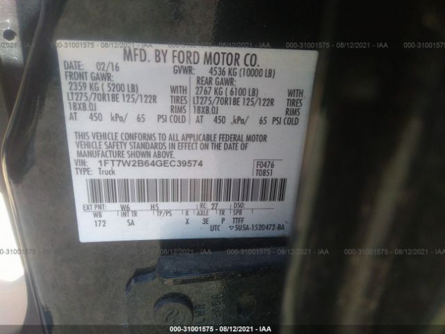 Photo 8 VIN: 1FT7W2B64GEC39574 - FORD SUPER DUTY F-250 SRW 