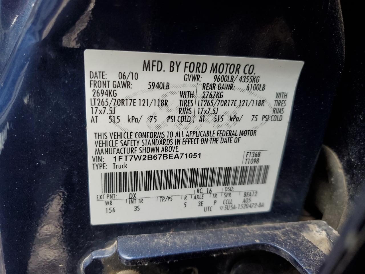 Photo 11 VIN: 1FT7W2B67BEA71051 - FORD F250 