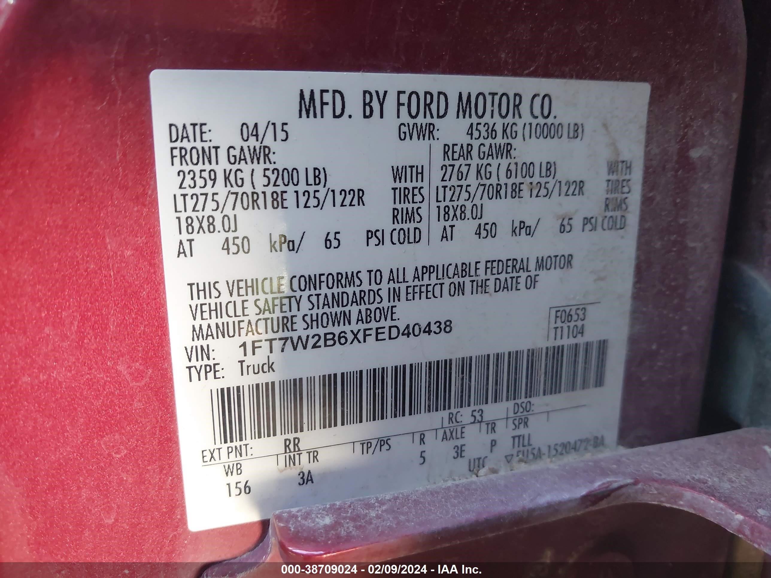 Photo 8 VIN: 1FT7W2B6XFED40438 - FORD F250 