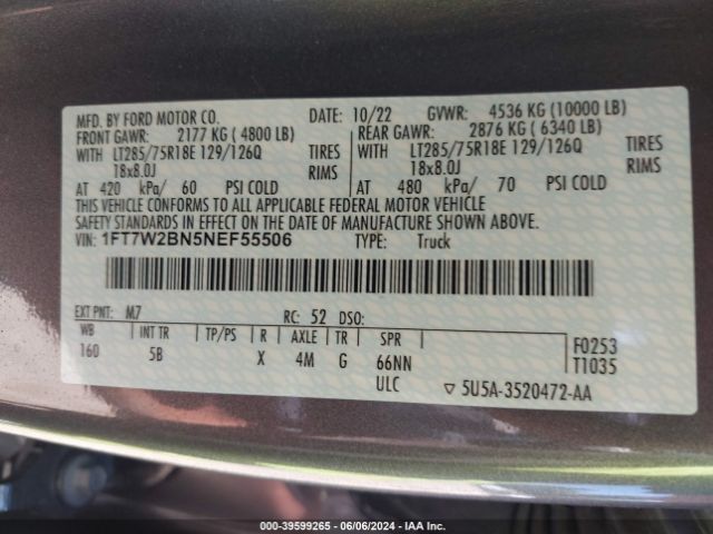 Photo 8 VIN: 1FT7W2BN5NEF55506 - FORD F-250 