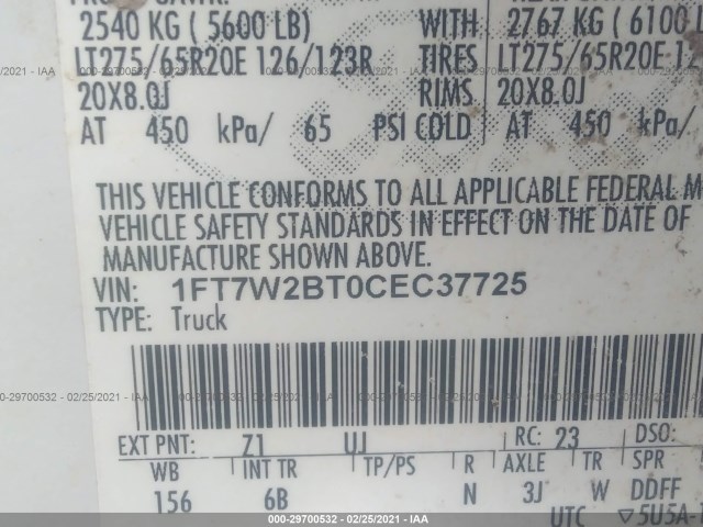 Photo 8 VIN: 1FT7W2BT0CEC37725 - FORD SUPER DUTY F-250 