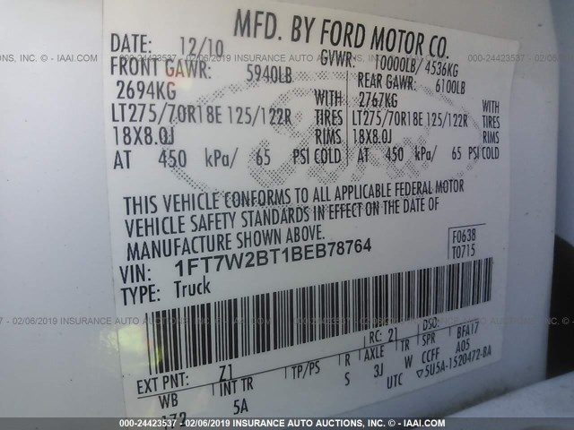 Photo 8 VIN: 1FT7W2BT1BEB78764 - FORD SUPER DUTY F-250 