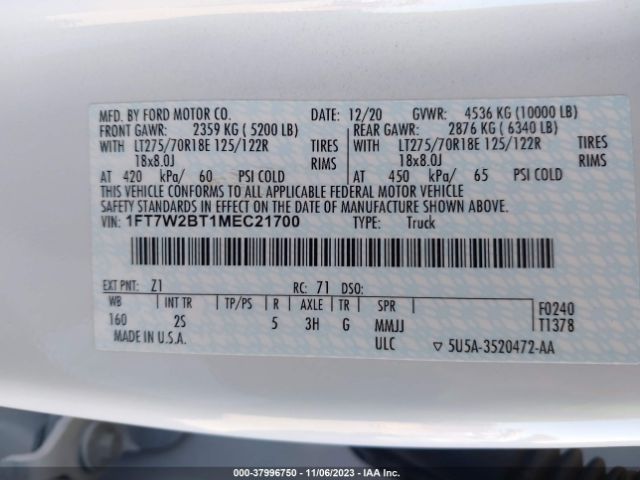 Photo 8 VIN: 1FT7W2BT1MEC21700 - FORD F250 