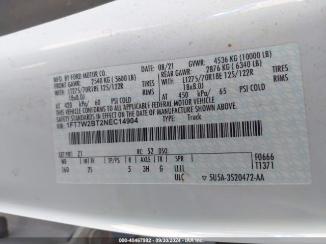 Photo 8 VIN: 1FT7W2BT2NEC14904 - FORD F-250 