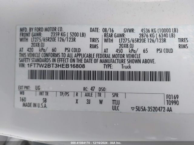 Photo 8 VIN: 1FT7W2BT3HEB16808 - FORD F-250 