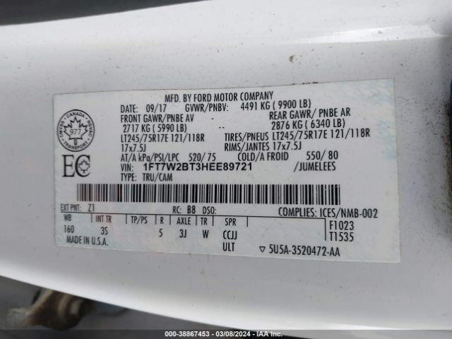 Photo 8 VIN: 1FT7W2BT3HEE89721 - FORD F-250 