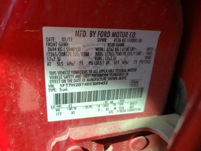 Photo 9 VIN: 1FT7W2BT4BEB89452 - FORD F250 SUPER 