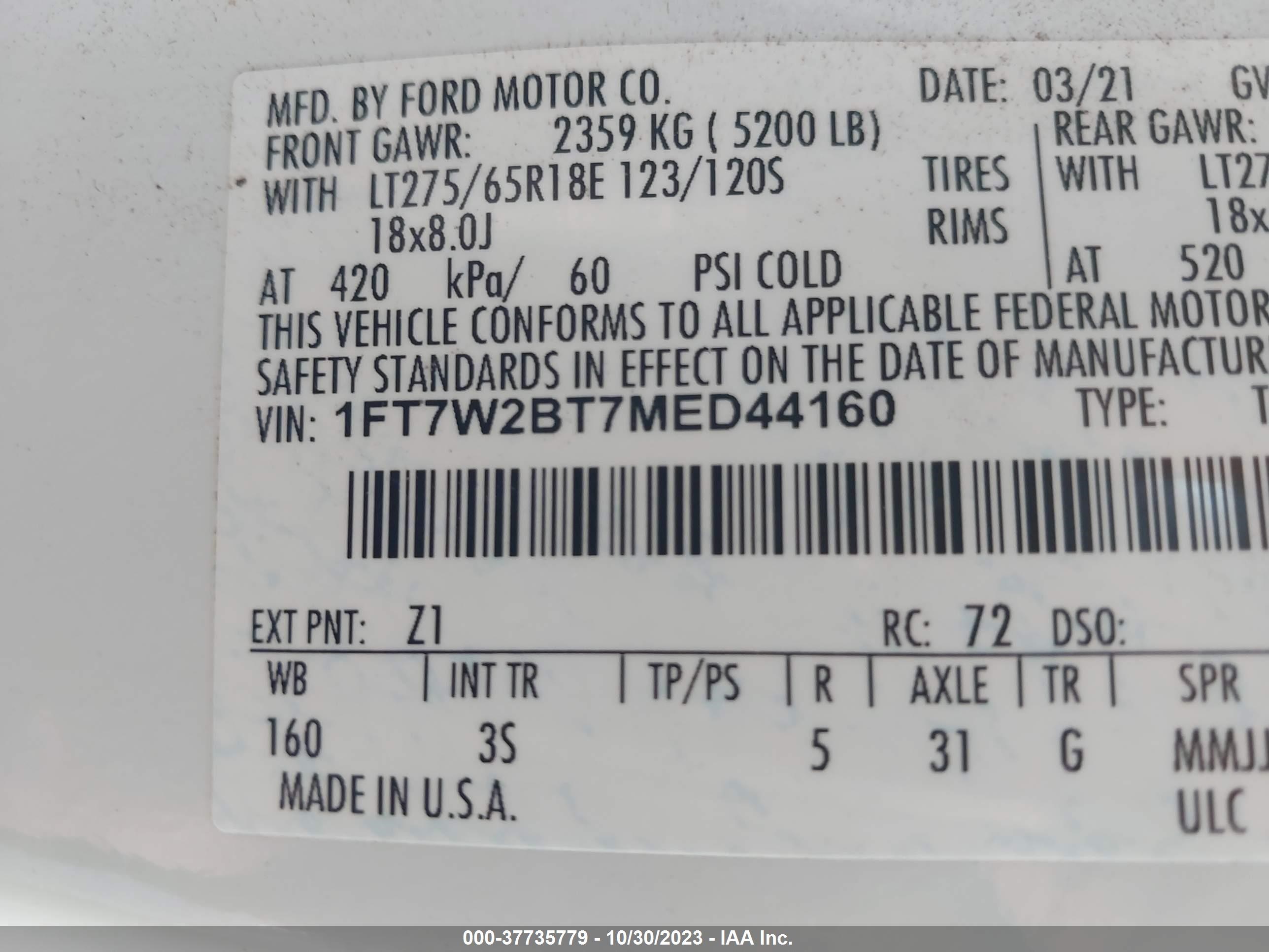 Photo 8 VIN: 1FT7W2BT7MED44160 - FORD F250 