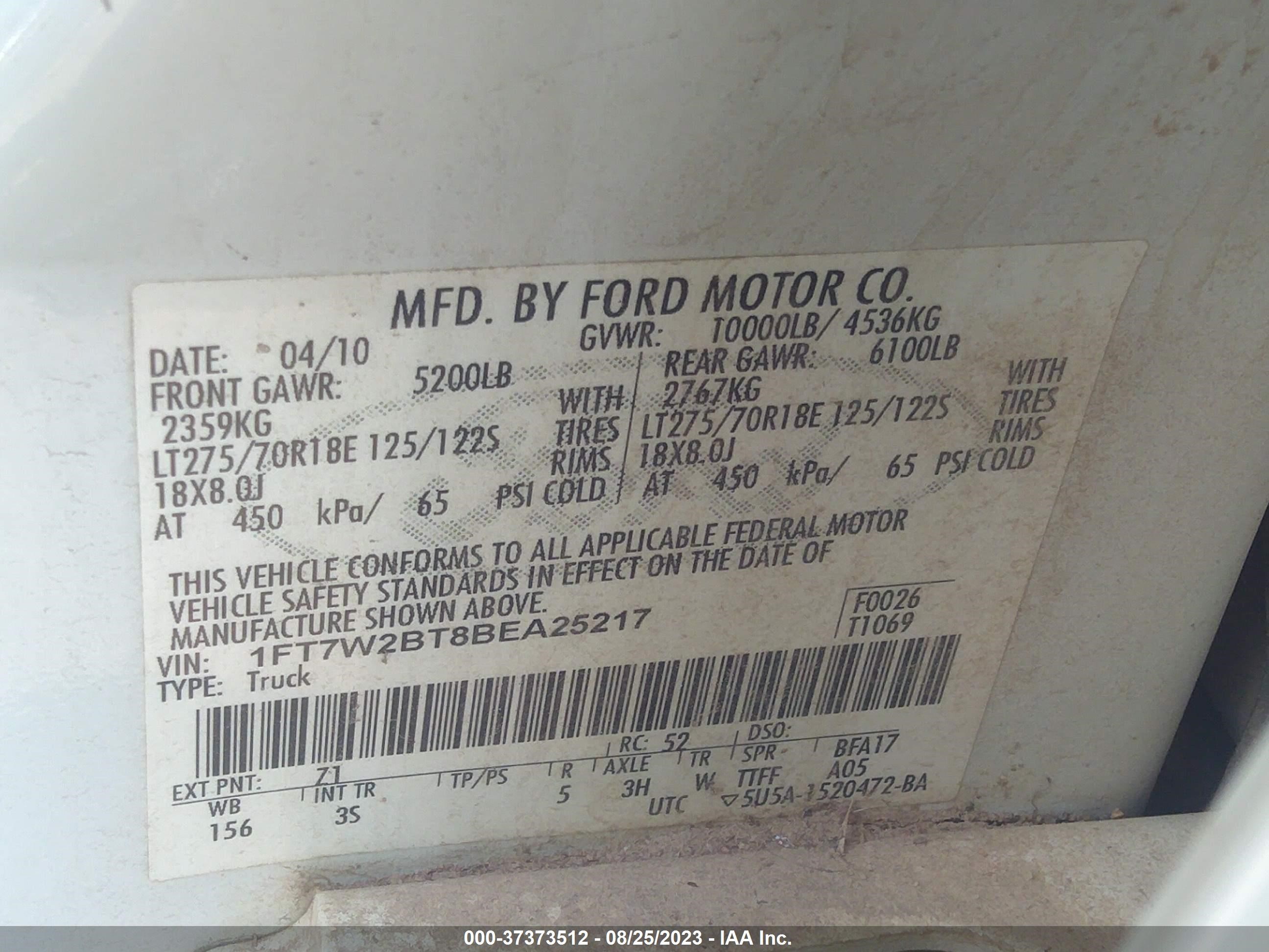 Photo 8 VIN: 1FT7W2BT8BEA25217 - FORD F250 