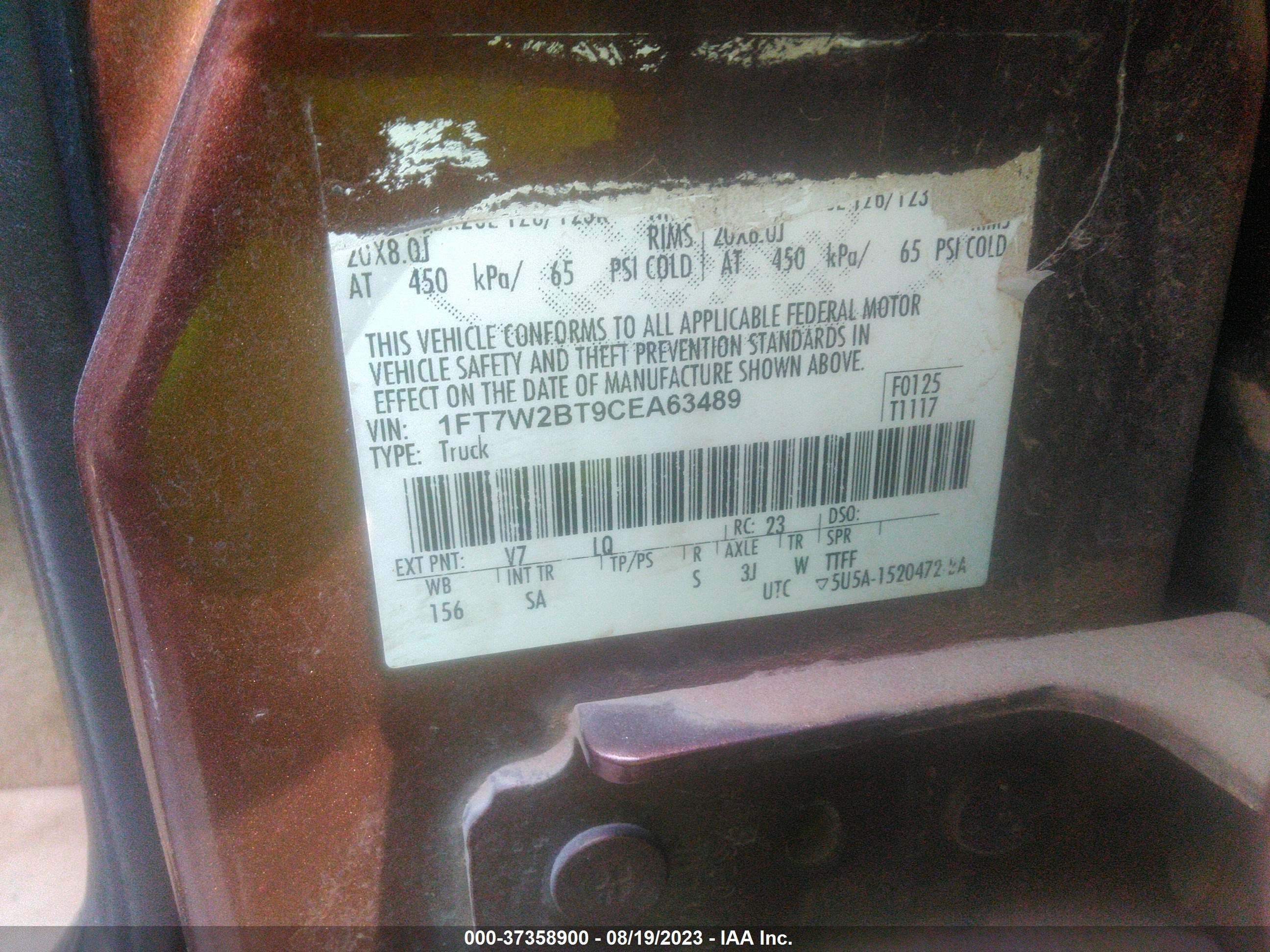 Photo 8 VIN: 1FT7W2BT9CEA63489 - FORD F250 