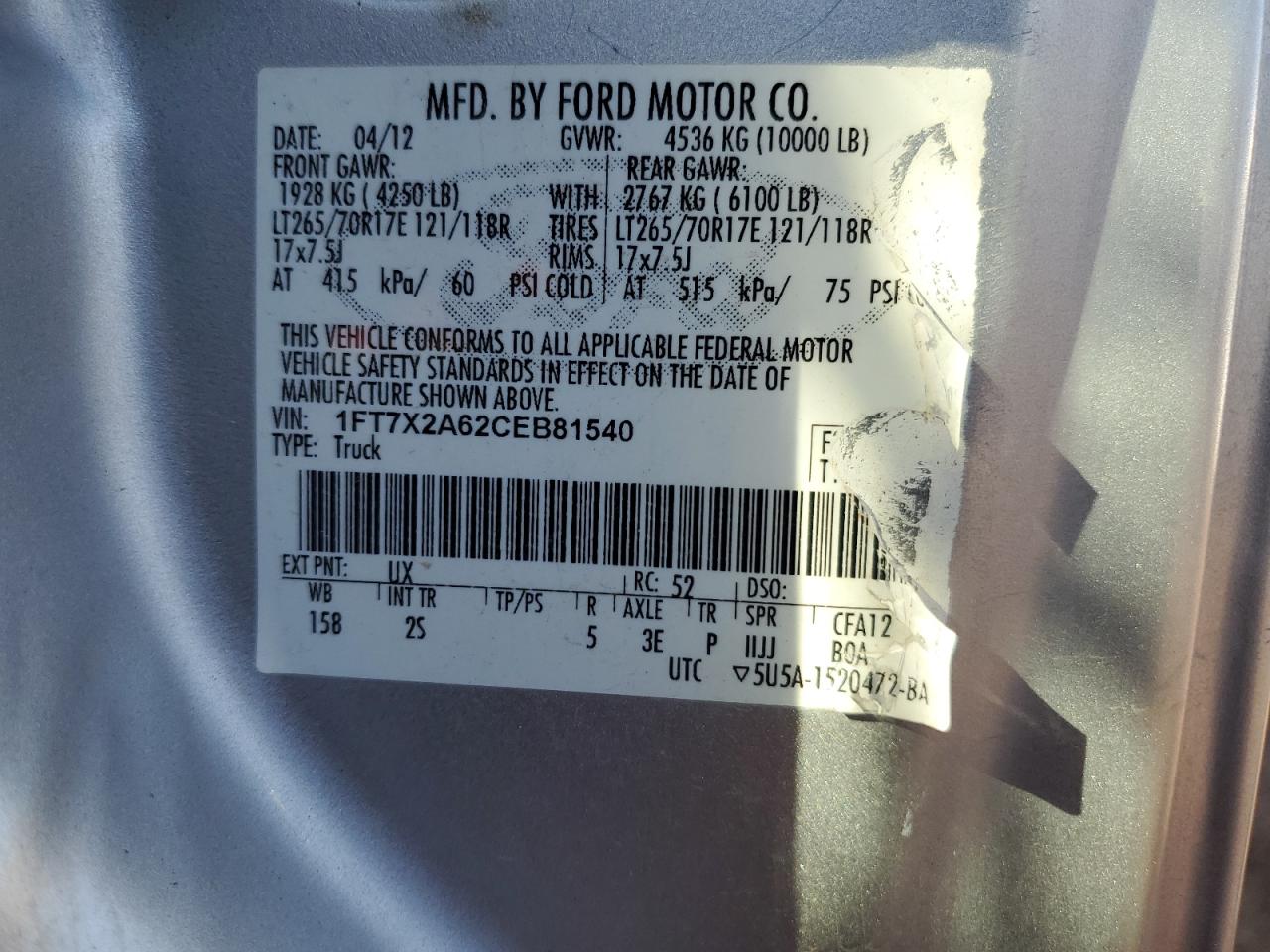 Photo 11 VIN: 1FT7X2A62CEB81540 - FORD F250 